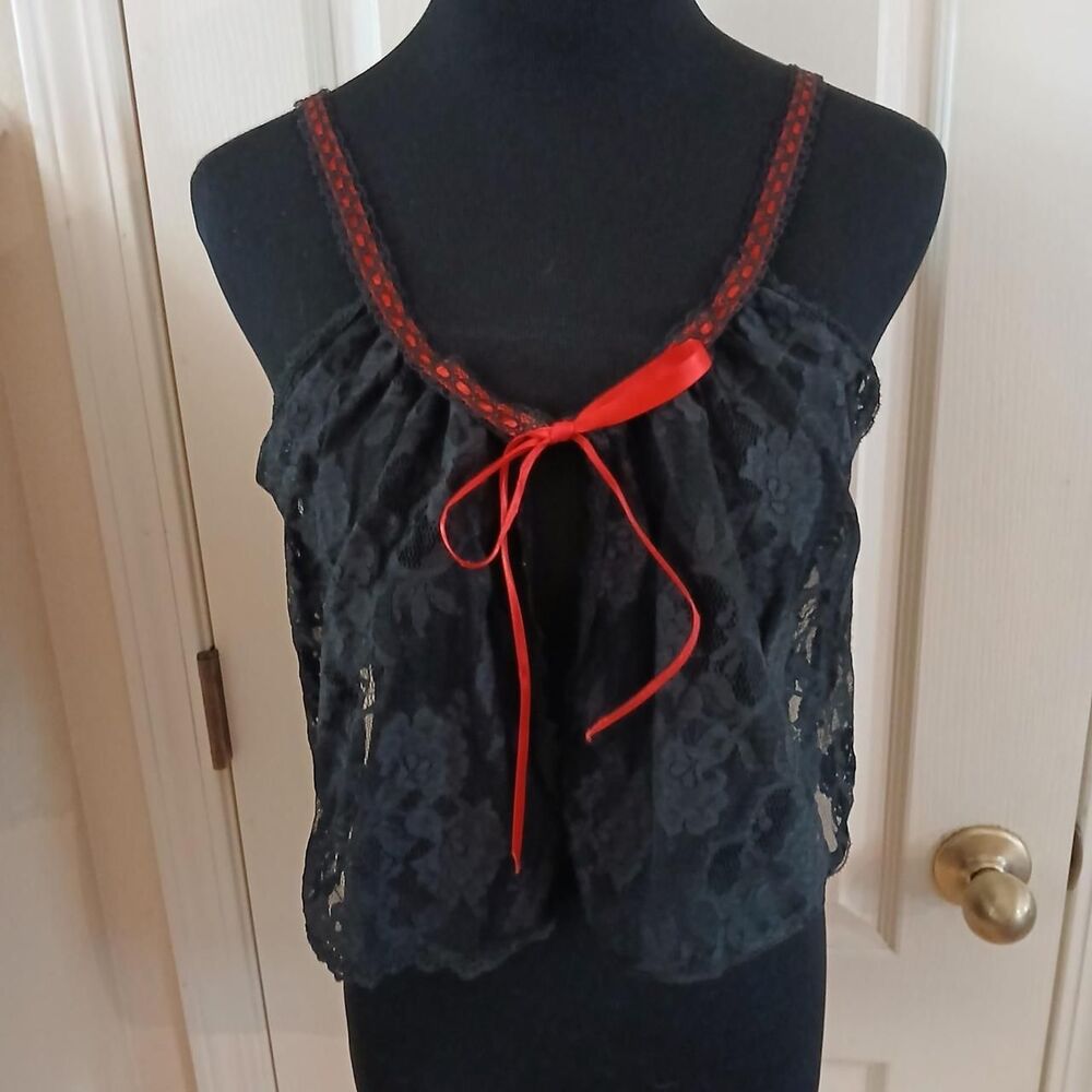 Y2K Vintage Little Secret Black Lace Flyaway Cami Lingerie Top One Size USA Made